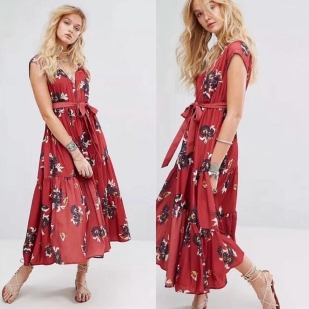 Free People All I Got Floral Maxi Dress Red Combo